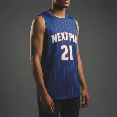 NextPlay Elite custom basketball jersey for adults and youth, made with blue and black sublimated Birdseye Mesh.