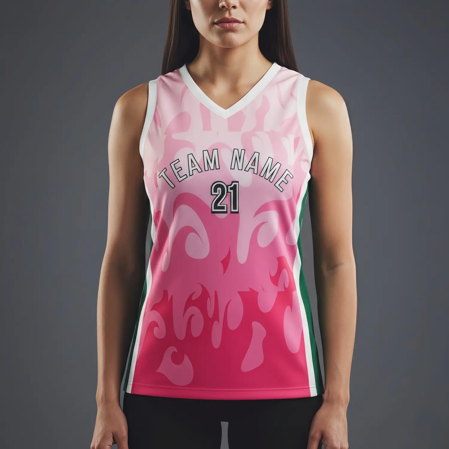 Women's premium V-neck basketball jersey with side panels and jacquard woven fabric