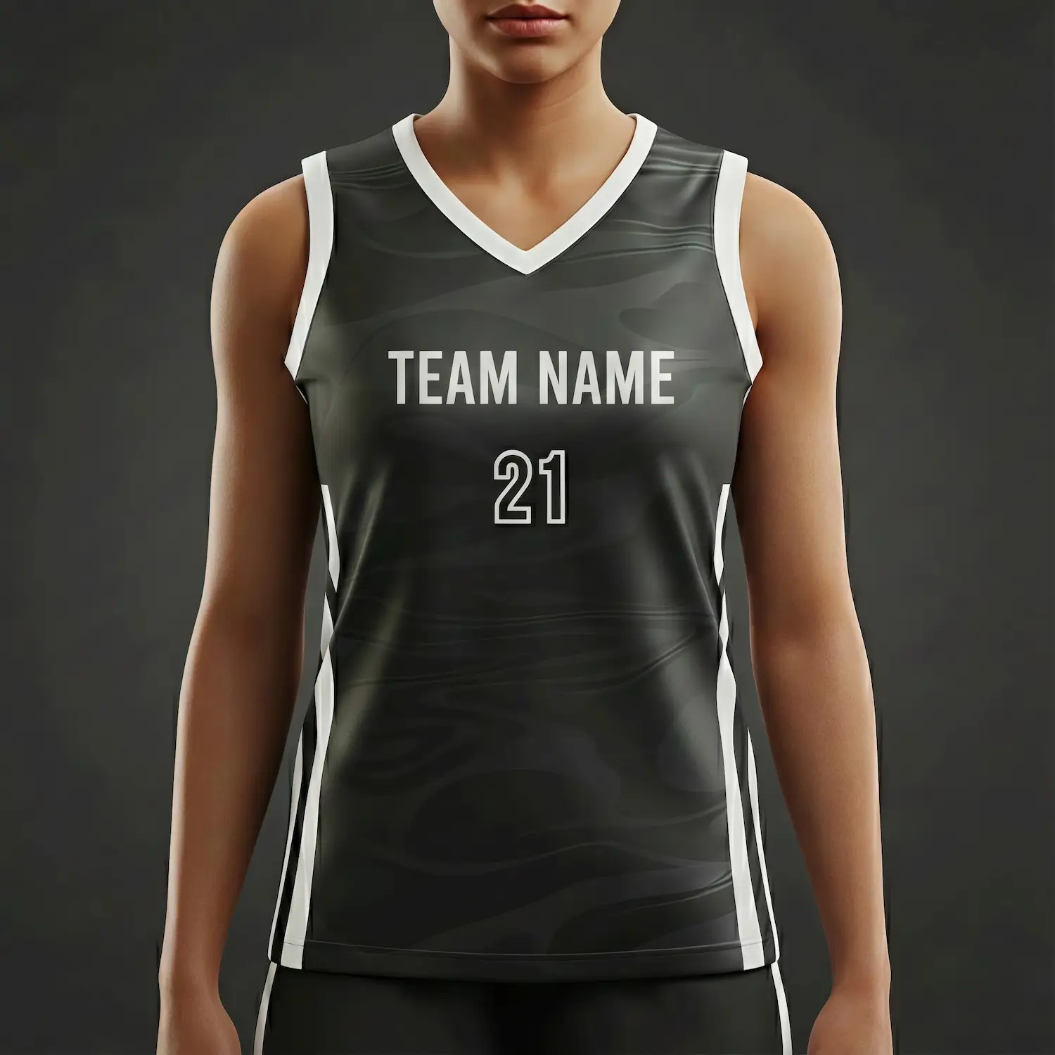 Women's elite V-neck basketball jersey with side panels and flashed V fabric texture