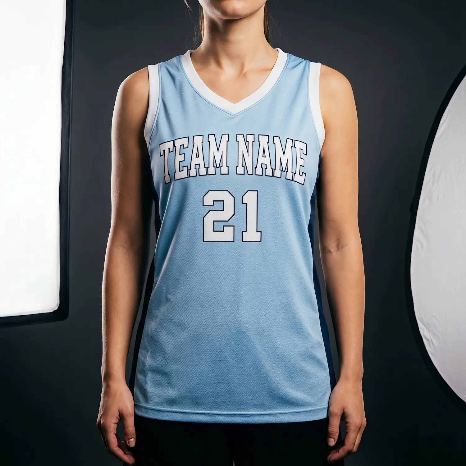 Women's V-neck basketball jersey with side panels and pro interlock for ultimate comfort