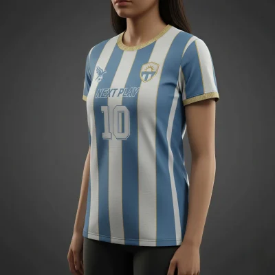 Female athlete in a custom blue and white women's soccer jersey with a contoured fit and round neck