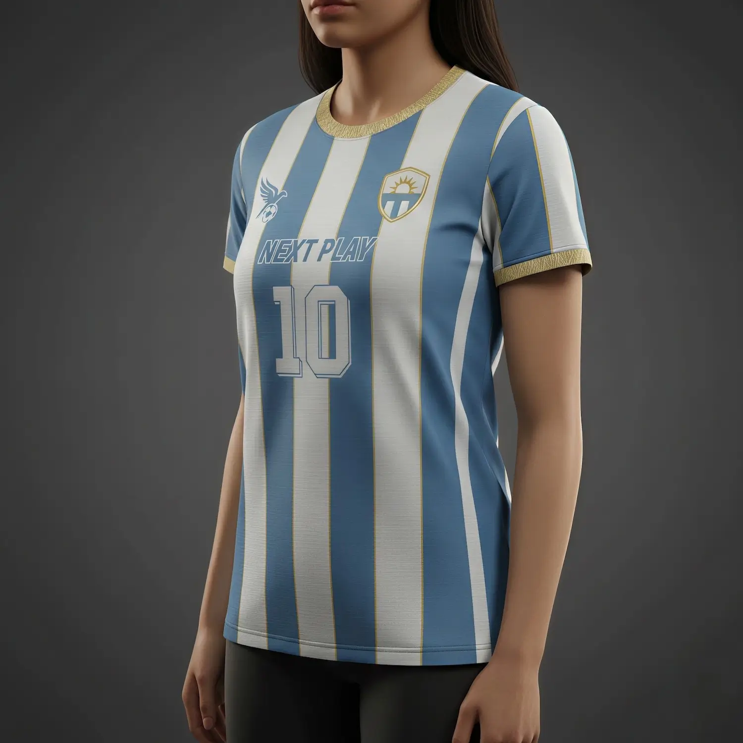 Female athlete in a custom blue and white women's soccer jersey with a contoured fit and round neck