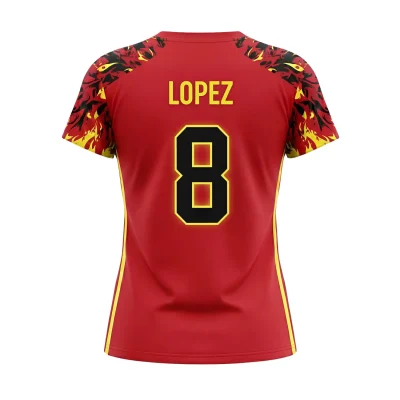 Female soccer player in a custom red and white breathable mesh jersey showcasing the contoured fit and textured fabric