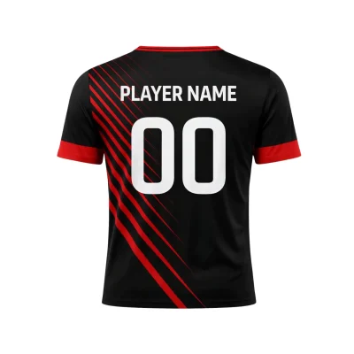 Adult and youth soccer players wearing custom blue and white flat V-neck jerseys made from soft interlock fabric