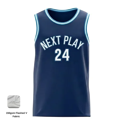 NextPlay Elite Flashed V custom basketball jersey with premium texture, in navy and gold team colors for competitive play.