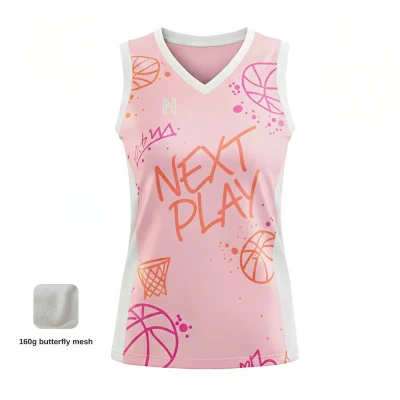 Women's premium V-neck basketball jersey with side panels and jacquard woven fabric