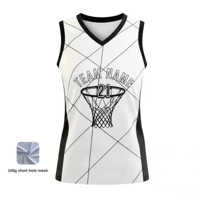 Women's V-neck basketball jersey with side panels and short hole mesh for balanced performance
