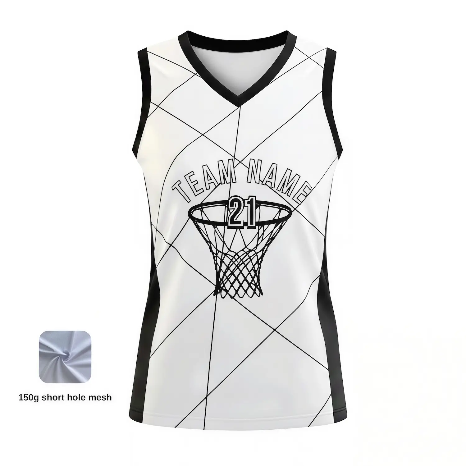 Women's V-neck basketball jersey with side panels and short hole mesh for balanced performance