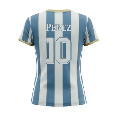 Female athlete in a custom blue and white women's soccer jersey with a contoured fit and round neck