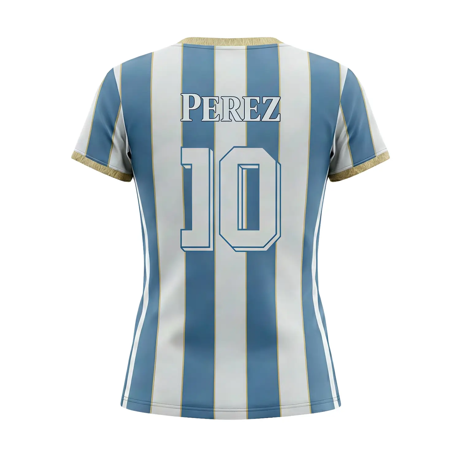 Female athlete in a custom blue and white women's soccer jersey with a contoured fit and round neck