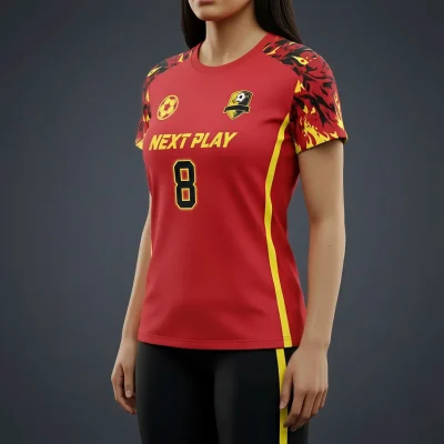 Female soccer player in a custom red and white breathable mesh jersey showcasing the contoured fit and textured fabric