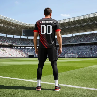 Adult and youth soccer players wearing custom blue and white flat V-neck jerseys made from soft interlock fabric
