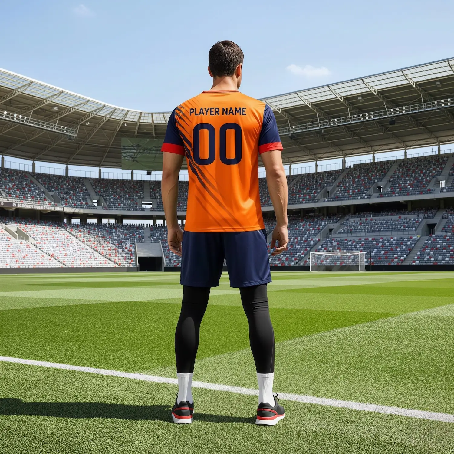 Soccer player in a custom black and red compression fit jersey with a flat V-neck, showcasing the athletic silhouette