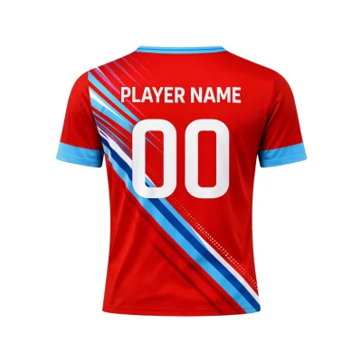 Soccer team wearing custom blue and white flat V-neck mesh jerseys showing breathable fabric texture