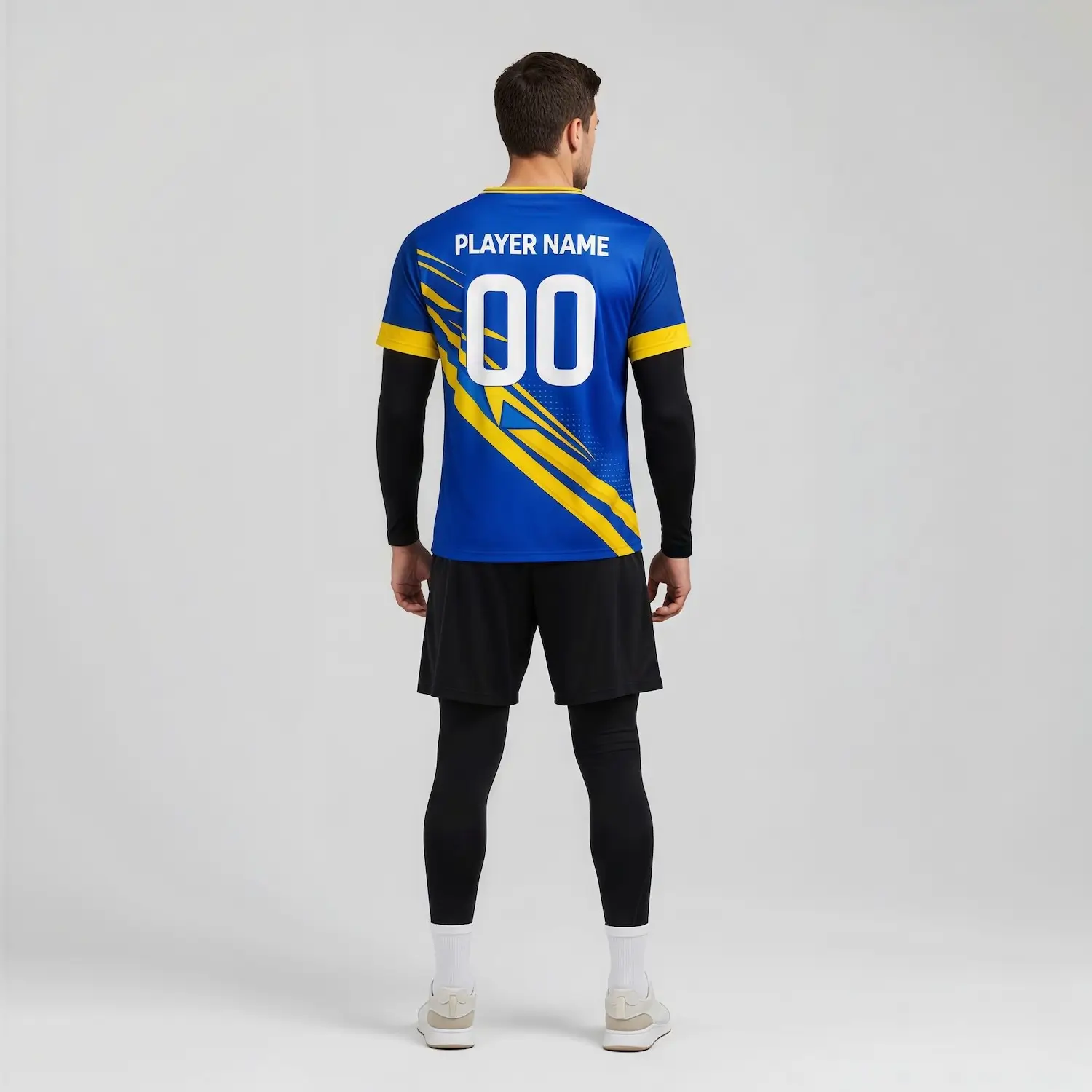 Soccer team wearing custom navy and silver premium silk-feel jerseys with flat V-neck design