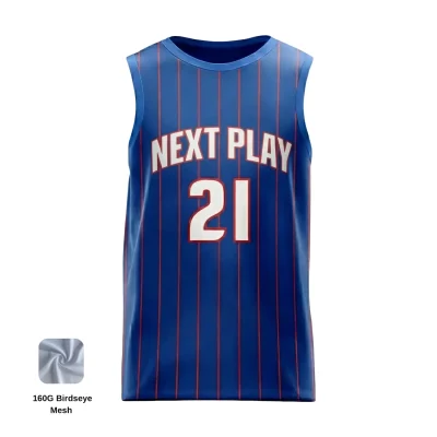 NextPlay Elite custom basketball jersey for adults and youth, made with blue and black sublimated Birdseye Mesh.