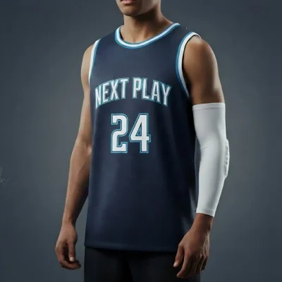 NextPlay Elite Flashed V custom basketball jersey with premium texture, in navy and gold team colors for competitive play.