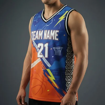 Premium V-neck basketball jersey with side panels and jacquard woven fabric