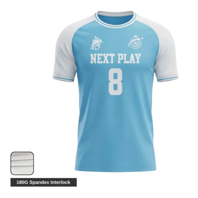 Athlete wearing custom blue and black spandex interlock soccer jersey demonstrating stretch and fit