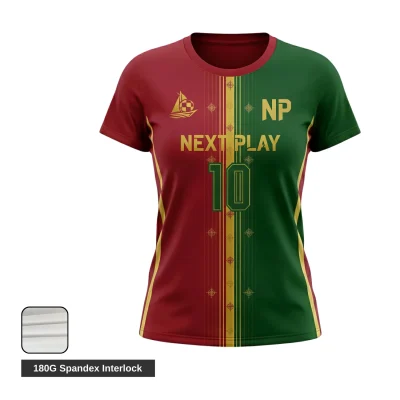 Female soccer player in a custom blue and black women's performance jersey with a contoured compression fit and round neck