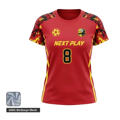 Female soccer player in a custom red and white breathable mesh jersey showcasing the contoured fit and textured fabric