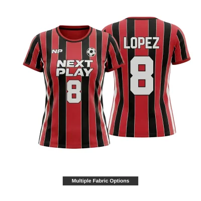 Comparison of three custom women's soccer jerseys showing Birdseye Mesh, Premium Micro-Mesh, and Hybrid Mesh Panel fabrics