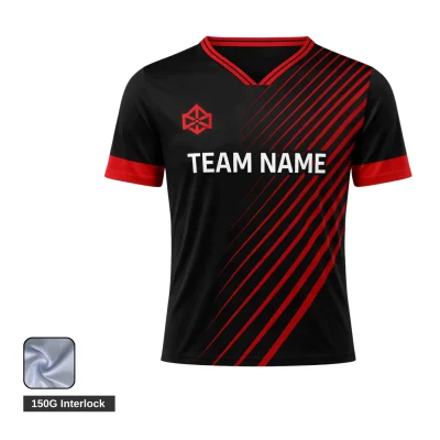 Adult and youth soccer players wearing custom blue and white flat V-neck jerseys made from soft interlock fabric