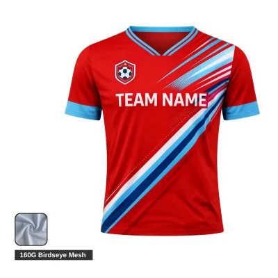 Soccer team wearing custom blue and white flat V-neck mesh jerseys showing breathable fabric texture