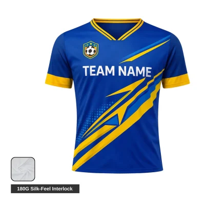 Soccer team wearing custom navy and silver premium silk-feel jerseys with flat V-neck design