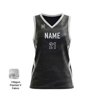 Women's elite V-neck basketball jersey with side panels and flashed V fabric texture