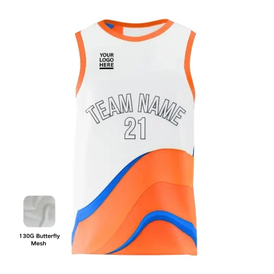 NextPlay Airflow custom basketball jersey with Butterfly Mesh fabric for enhanced cooling, in orange and grey team colors.