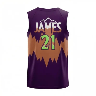 NextPlay Core custom basketball jersey with NBA fabric, in purple and black team colors for unisex and youth players.