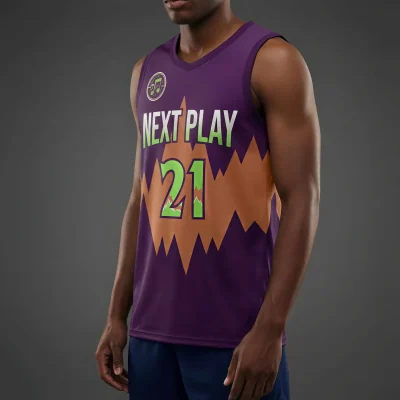 NextPlay Core custom basketball jersey with NBA fabric, in purple and black team colors for unisex and youth players.