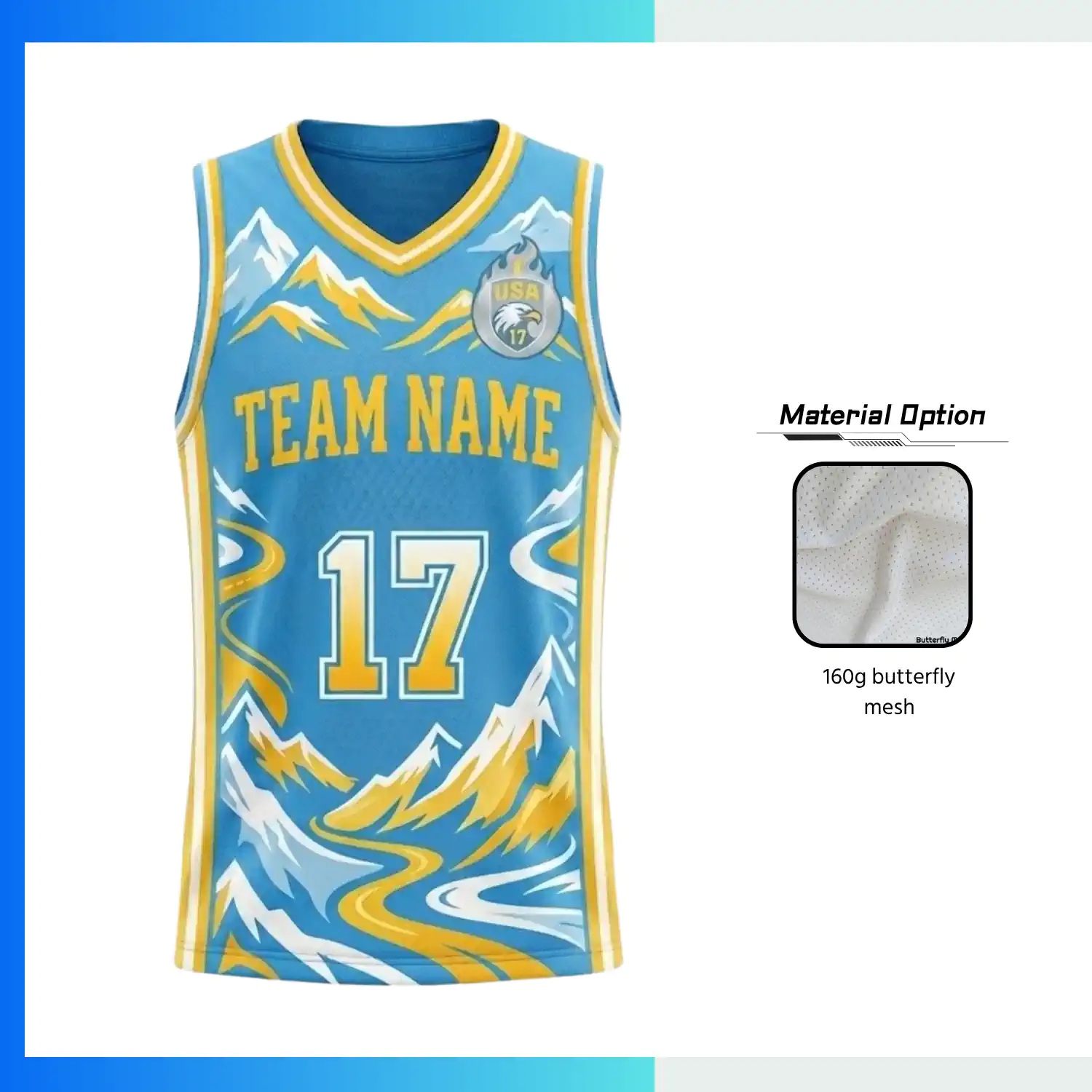 Custom Basketball Jersey V-Neck with Side Panels with 160G Butterfly Mesh