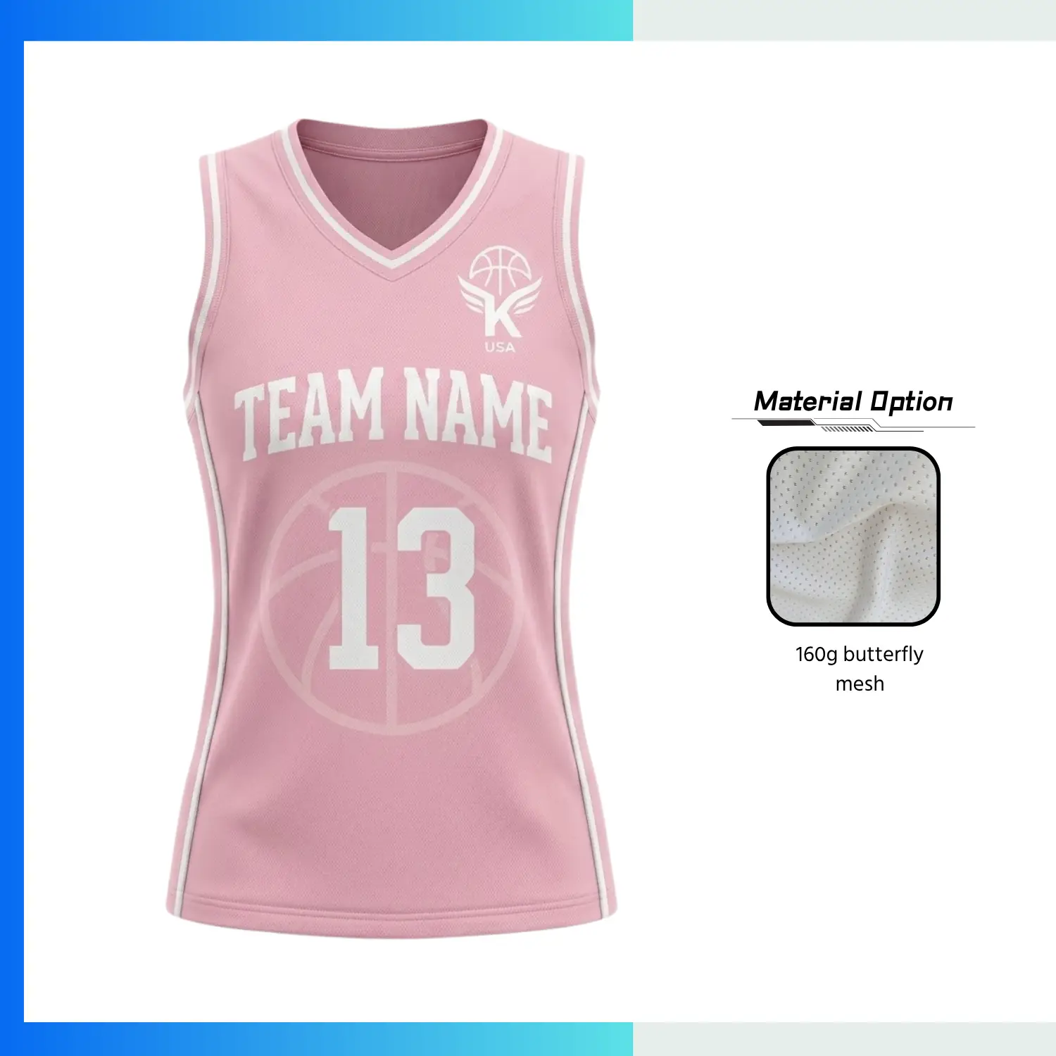 Custom Women’s Basketball Jersey V-Neck with Side Panels with 160G Butterfly Mesh