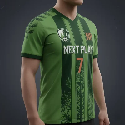 Soccer player in a custom black and orange spandex interlock jersey with classic V-neck, showcasing athletic compression fit