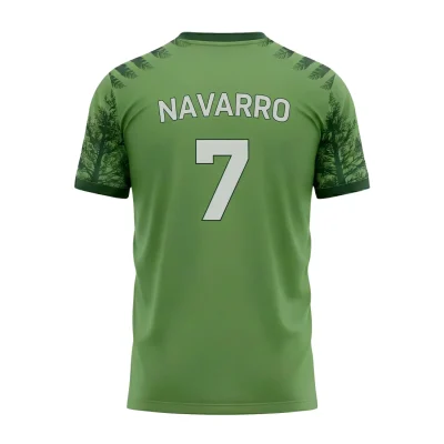 Soccer player in a custom black and orange spandex interlock jersey with classic V-neck, showcasing athletic compression fit