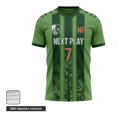 Soccer player in a custom black and orange spandex interlock jersey with classic V-neck, showcasing athletic compression fit