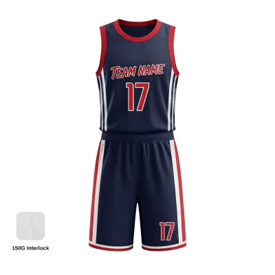 Custom sublimated basketball uniform kit featuring a jersey and shorts in durable, smooth 150G Interlock fabric.