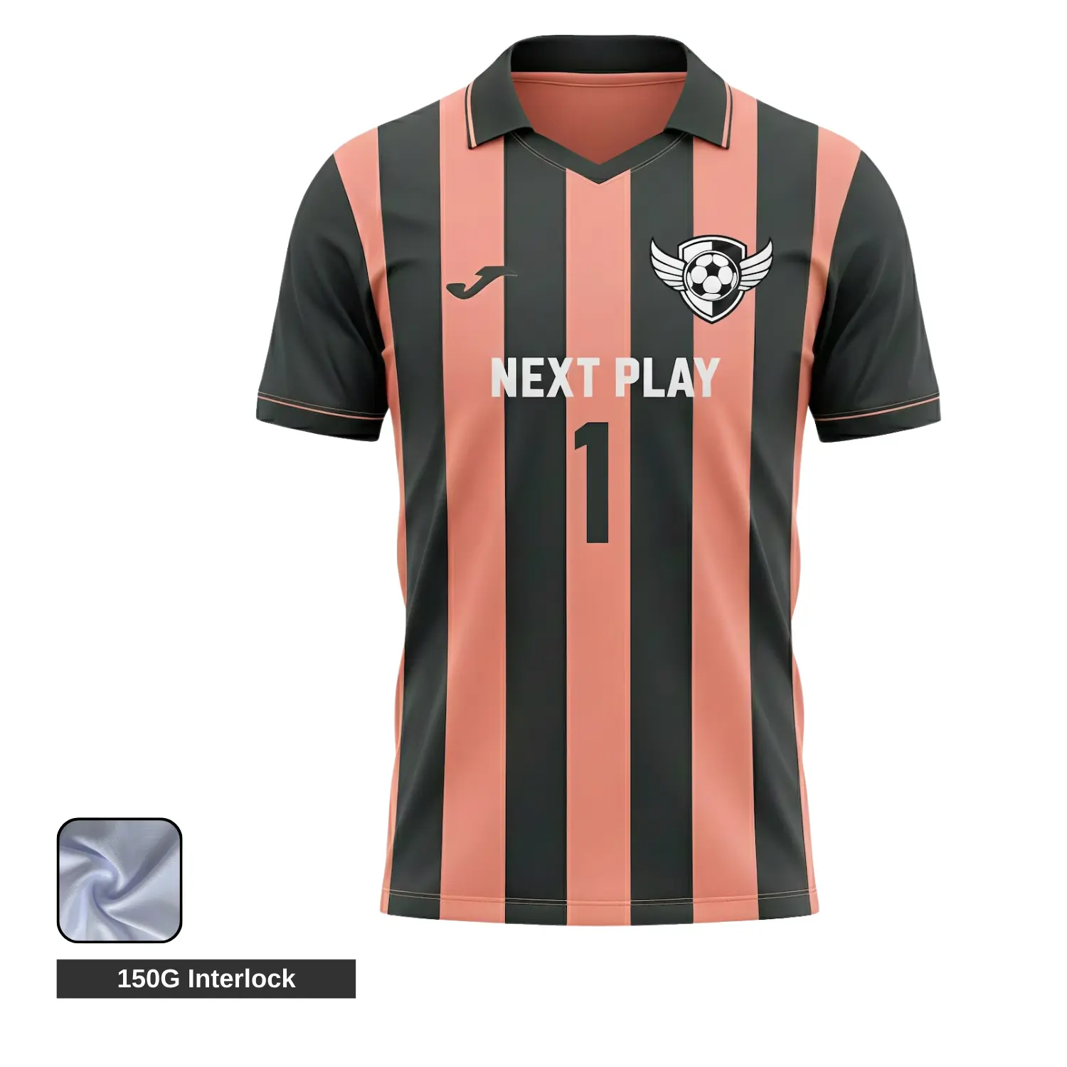 Soccer team wearing custom blue and white jerseys with structured lapel flat V-neck collars