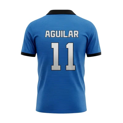 Soccer team wearing custom grey and blue performance mesh jerseys with structured lapel V-neck collars