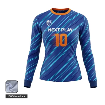 Soccer player wearing long sleeve jersey with folded stitch cuffs and round neck during cool weather training