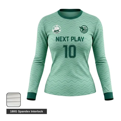 Athlete demonstrating full range of motion in long sleeve spandex soccer jersey during cool weather training