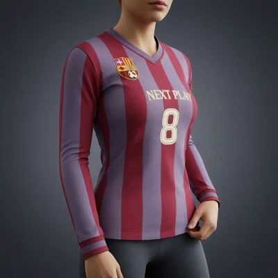 Athlete in a long sleeve spandex V-neck soccer jersey demonstrating stretch and movement