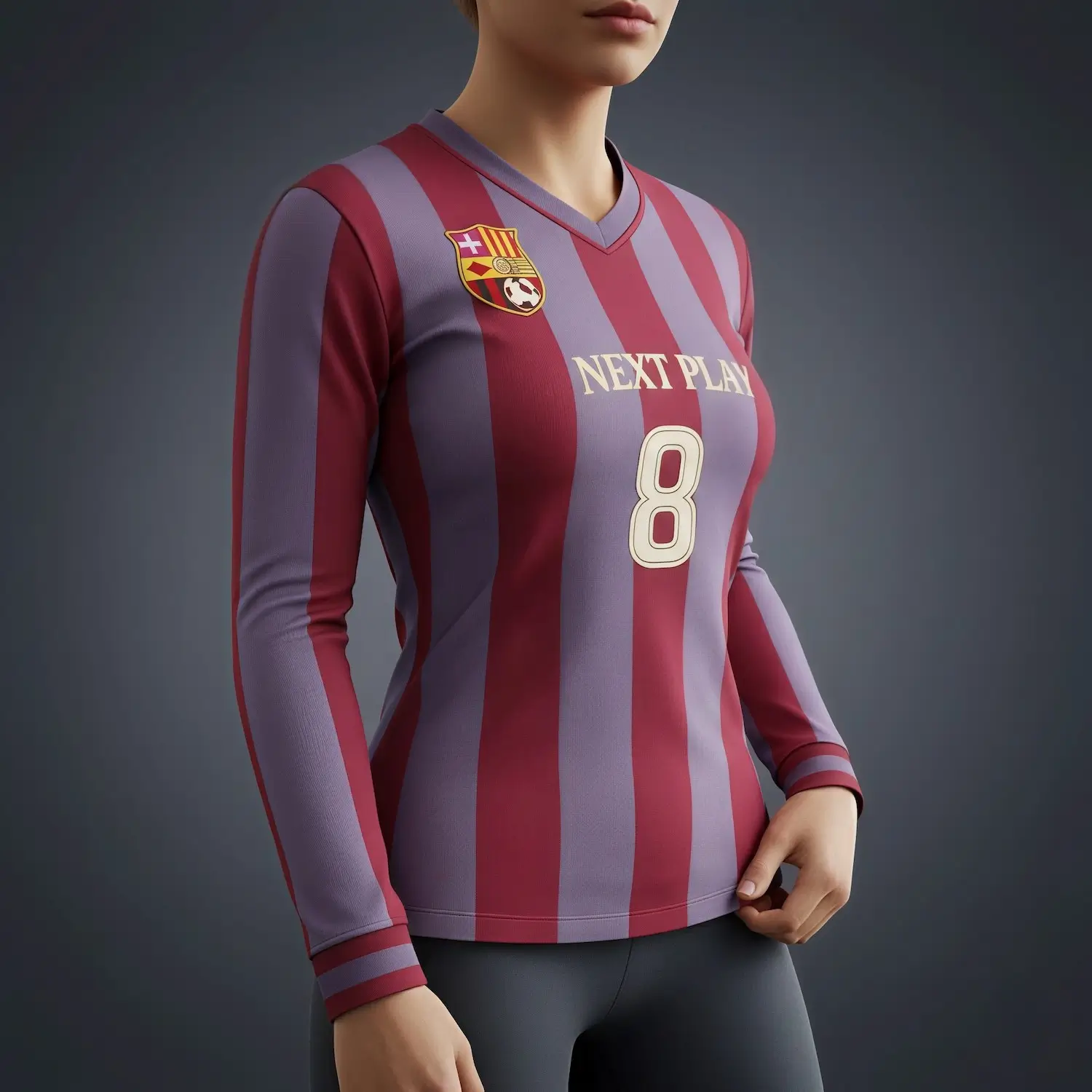 Athlete in a long sleeve spandex V-neck soccer jersey demonstrating stretch and movement