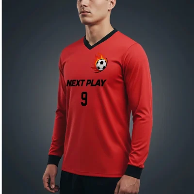 Athlete in a long sleeve spandex V-neck soccer jersey demonstrating stretch and movement