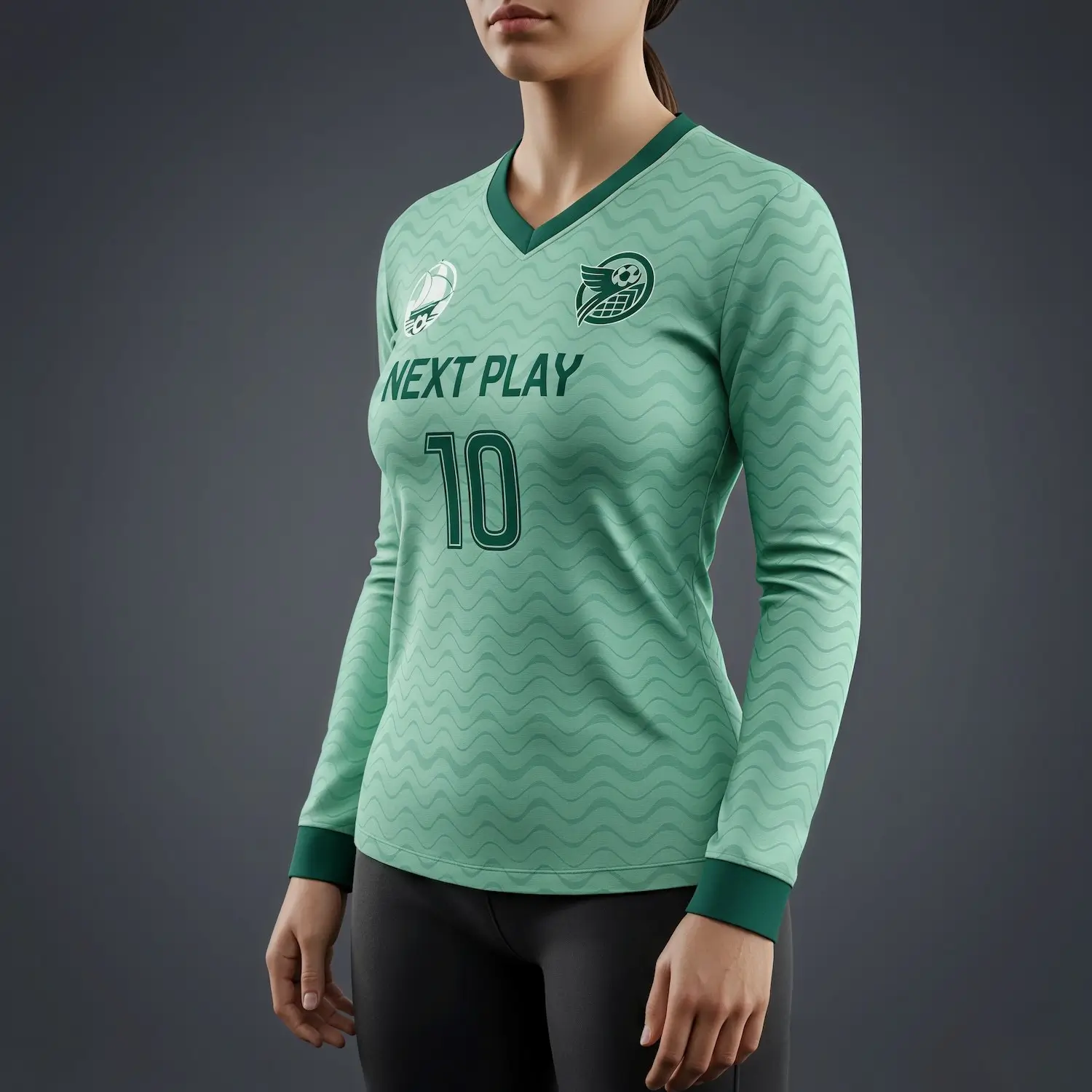 Elite soccer team in advanced long sleeve performance mesh V-neck jerseys during a match