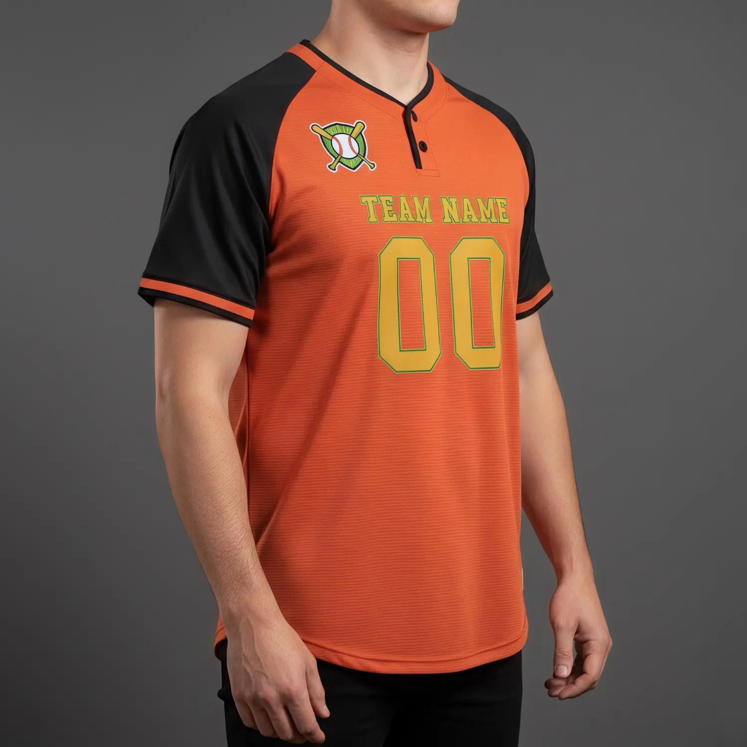 A premium custom 2-button baseball jersey made from durable 200G Interlock fabric with full sublimation printing.