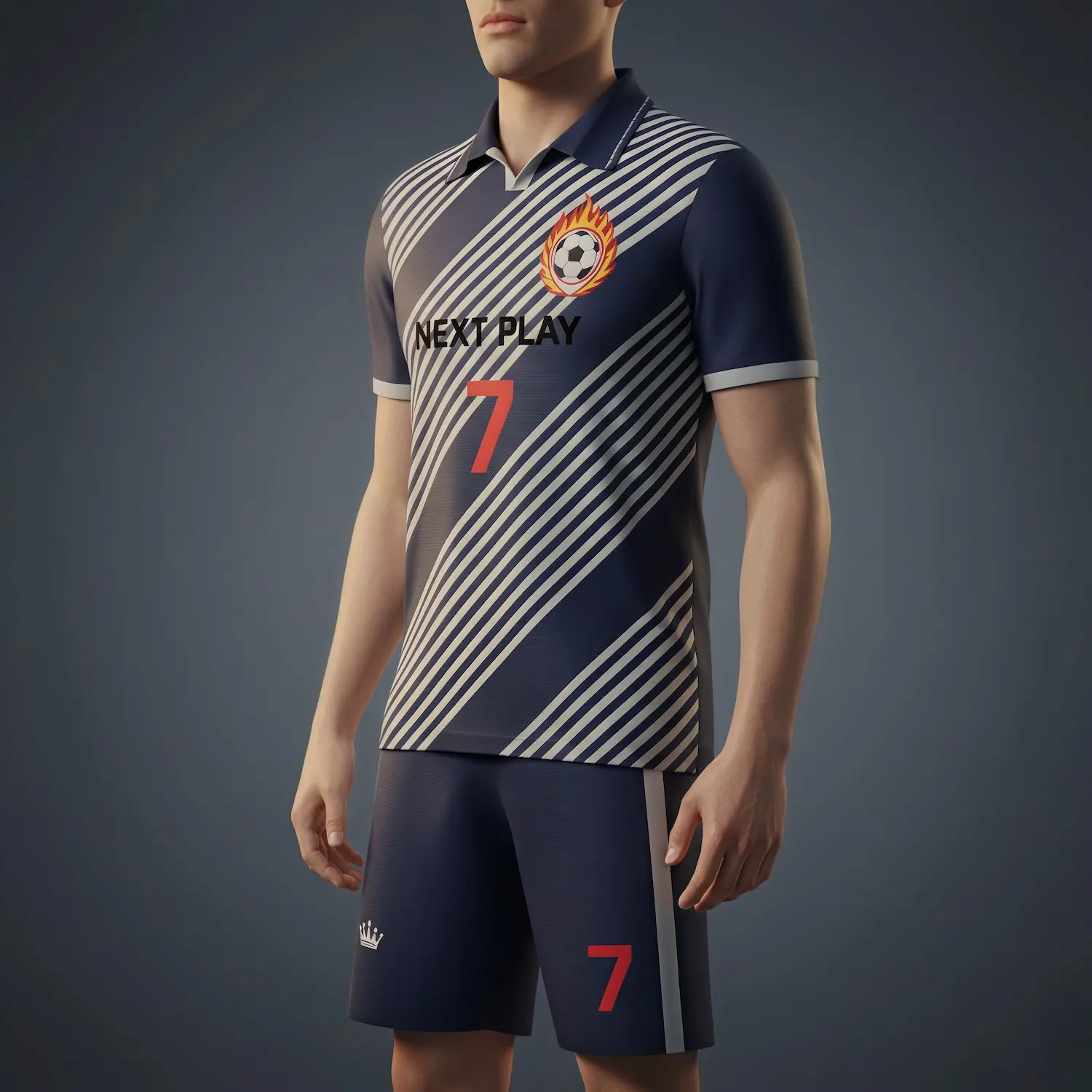 Elite soccer team wearing complete silk-feel uniform sets with flat lapel neck jerseys and matching luxury shorts