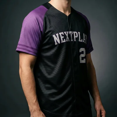 A classic full-button baseball jersey custom sublimated with team graphics on breathable 160G Birdseye Mesh fabric.